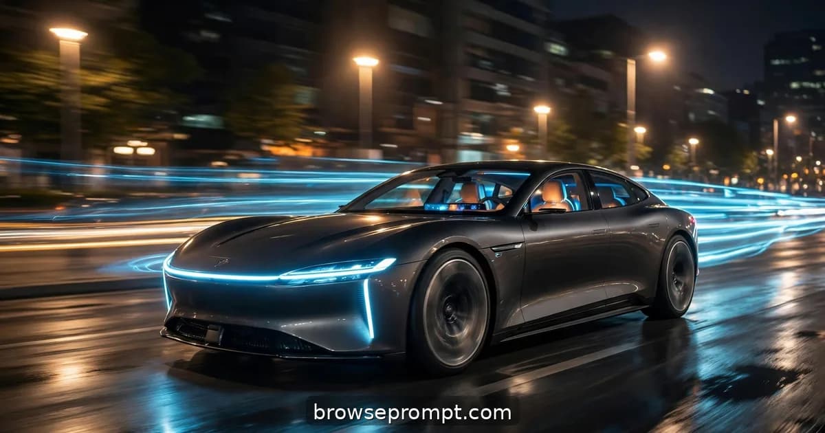 A graphite electric grand tourer gliding through empty night boulevards, its LED bar painting light trails.