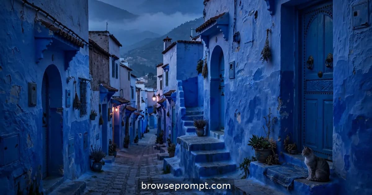 Indigo-blue stairway in Chefchaouen draped with red geraniums at dusk, a cat climbing the steps.