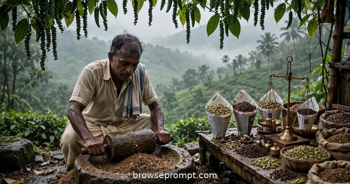 A Kerala farmer stone-grinds dried spices at dawn, the air thick with aroma among monsoon-soft pepper vines.
