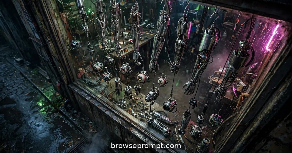 A drone slipping past a back-alley augment clinic where chrome limbs hang glowing in a grimy window.