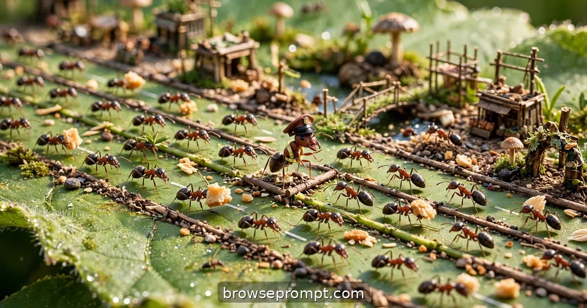 Tilt-shift photo of ants hauling crumbs in six lanes of rush-hour traffic on a giant leaf.