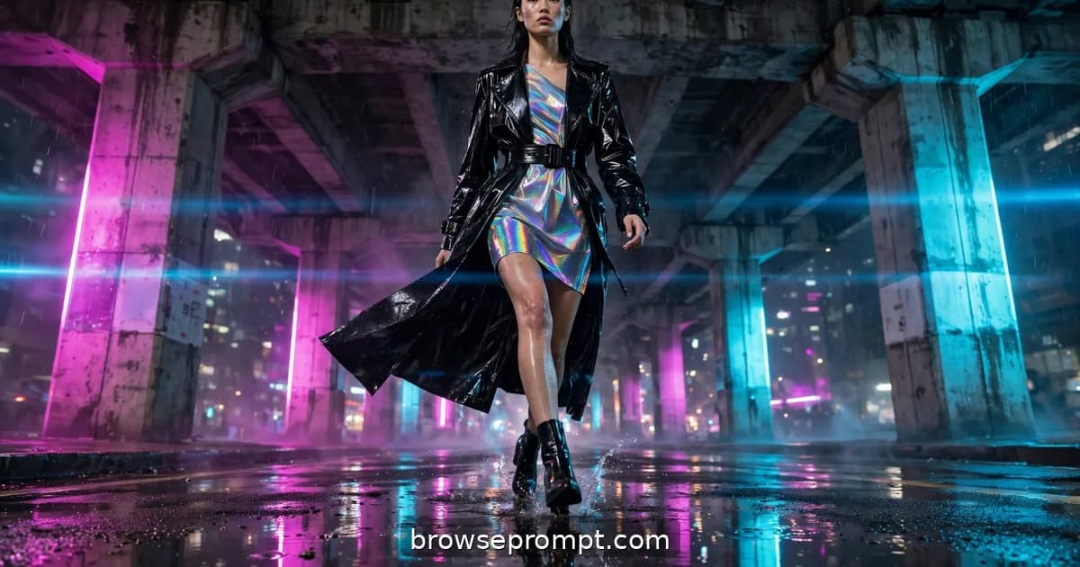 A model in a black vinyl trench struts a makeshift runway of wet asphalt beneath a city overpass at night.