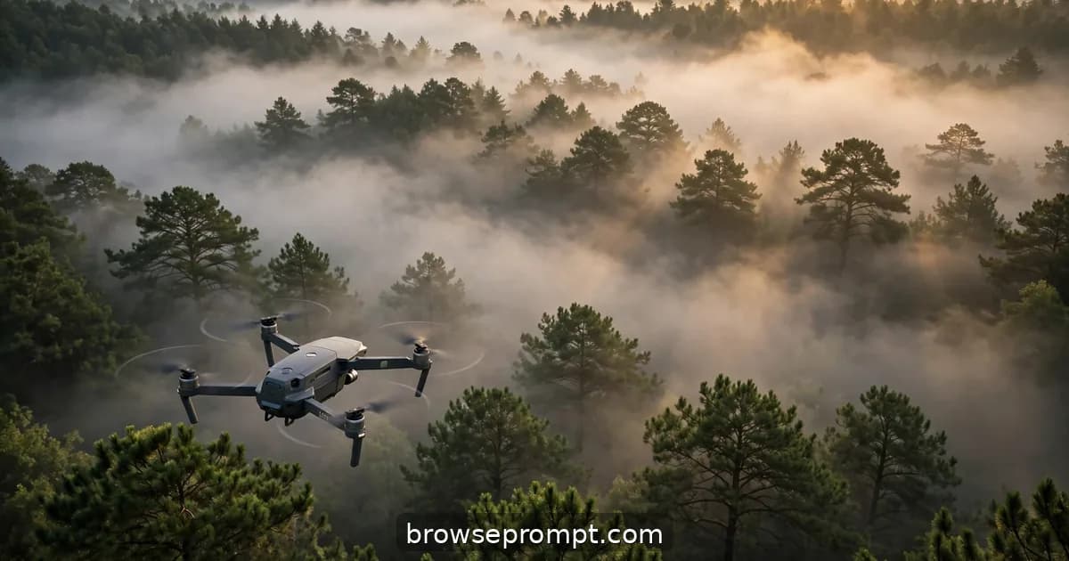 Aerial nature cover art: a drone skims the top of a fog-filled pine forest, treetops breaking the white like islands.
