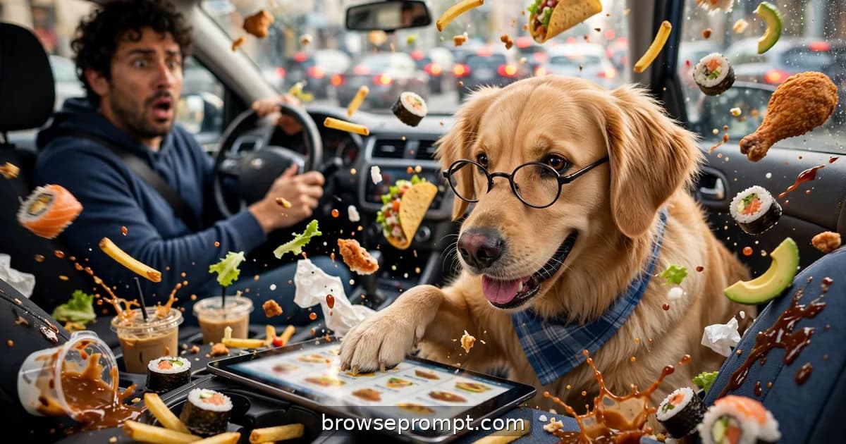 Comedic cover art: a smart dog learns to use a food-delivery tablet and orders himself a feast while his owner is stuck in traffic.