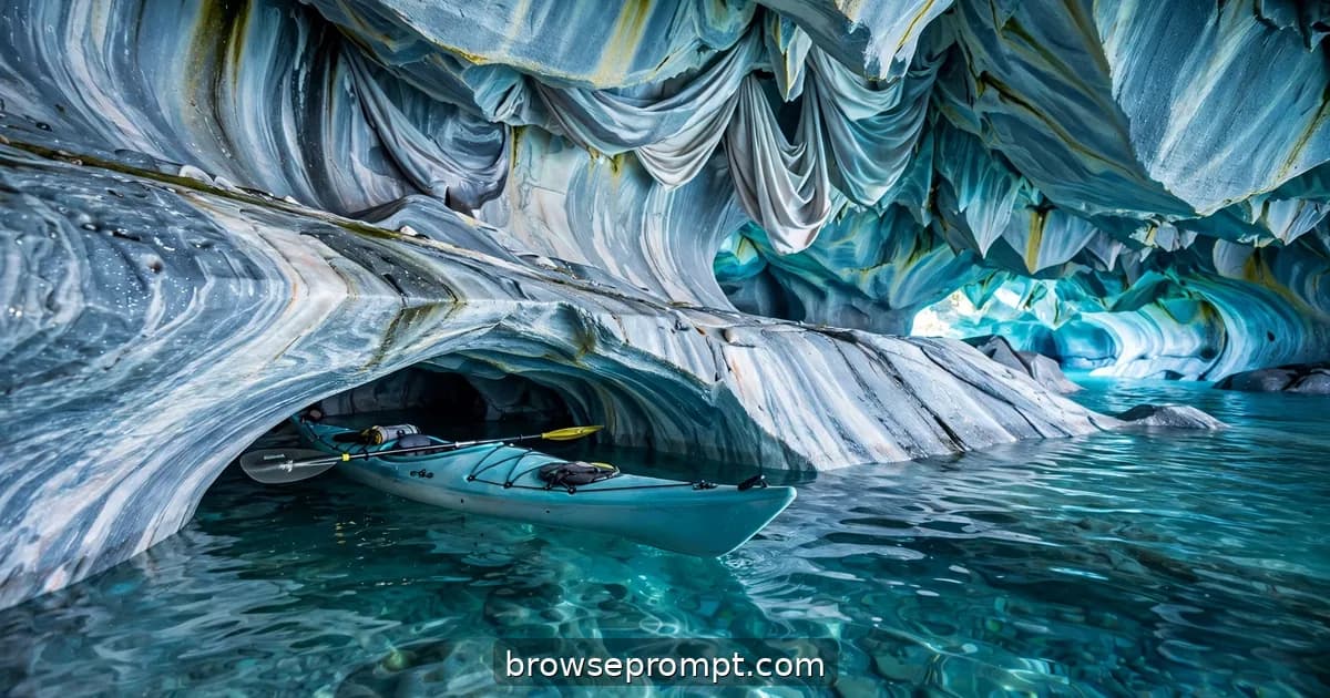 Kayak gliding under a marble arch into a cathedral of swirling blue-and-white stone in Chile.