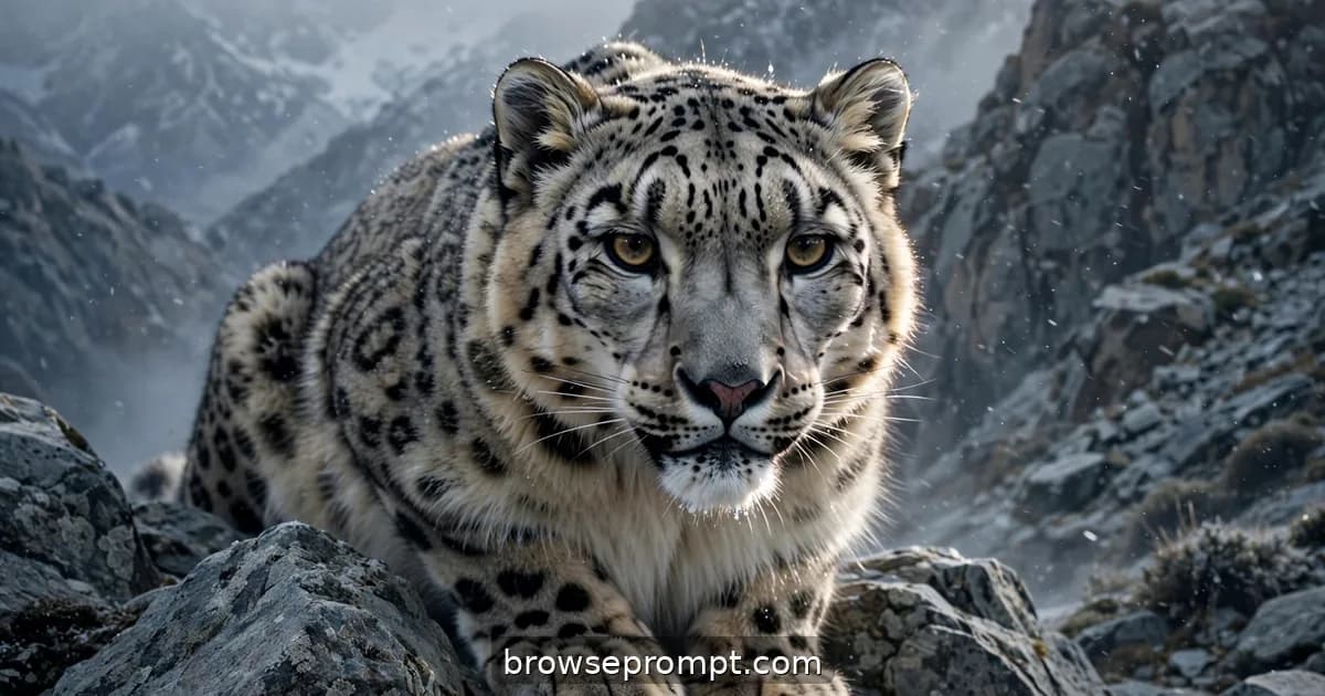 A snow leopard pauses on a windswept Himalayan ridge, amber eyes meeting the camera through falling snow.