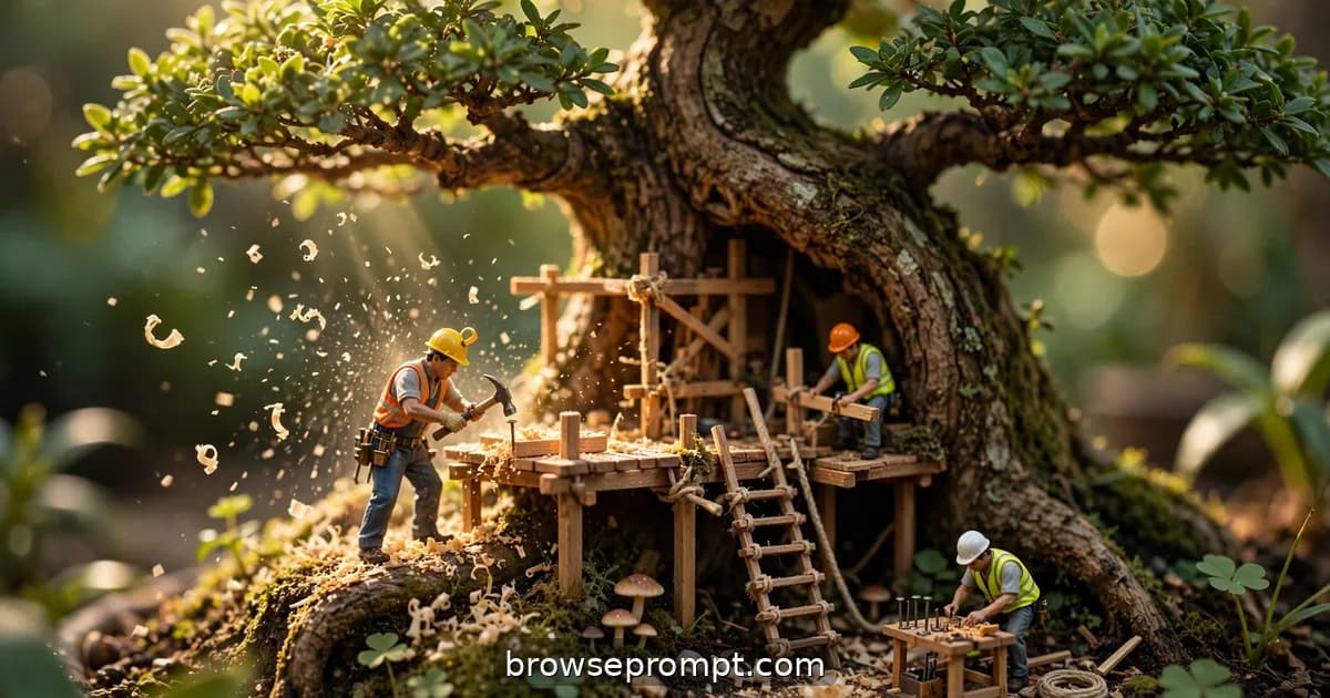 Tilt-shift photo of tiny architects building treehouses with acorn-cap roofs in a bonsai tree.