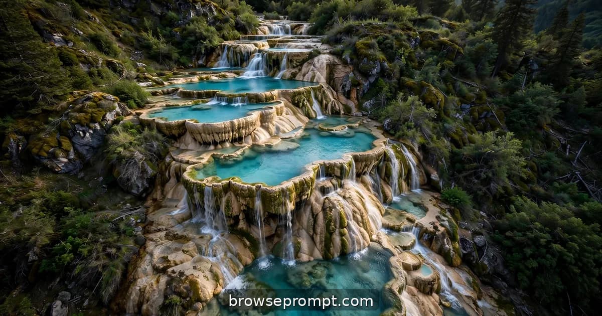 Aerial nature cover art: a drone descends a terraced travertine cascade, each turquoise tier spilling to the next.