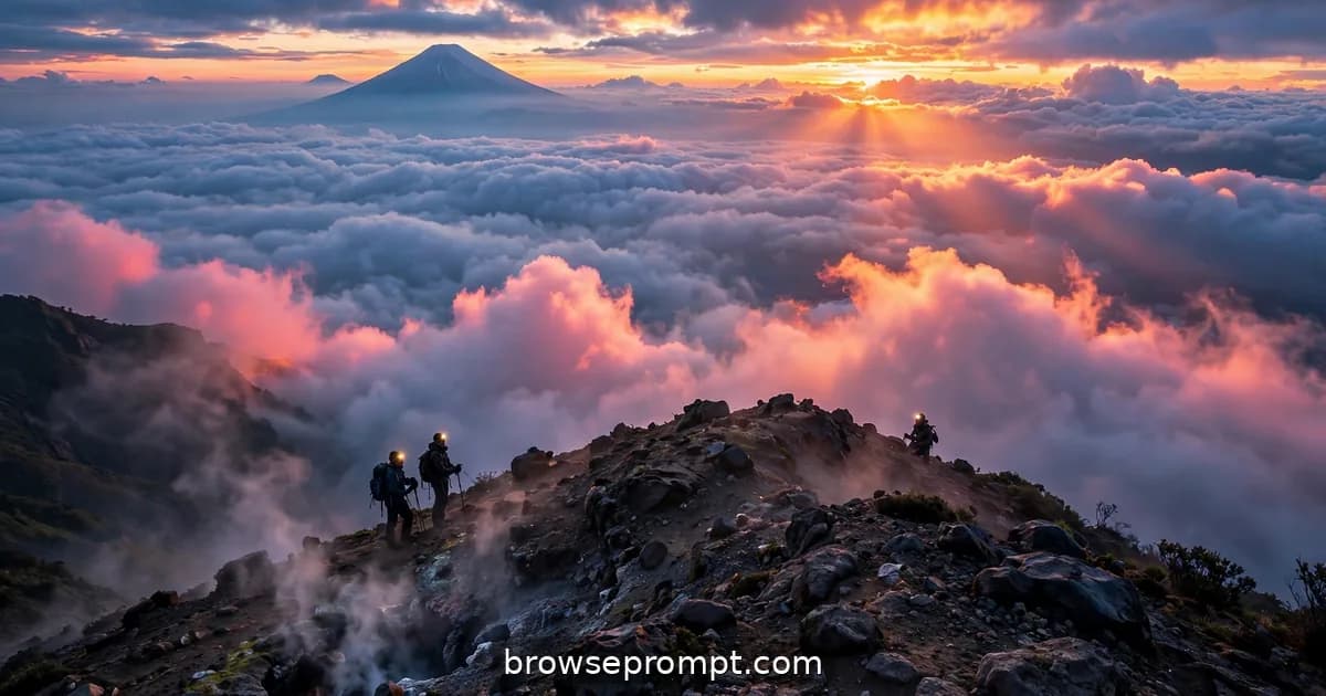 Sunrise exploding over a sea of clouds from Mount Batur's summit with Rinjani floating on the horizon.