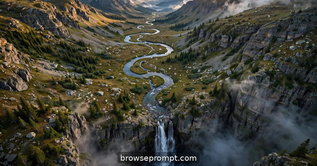Aerial nature cover art: a drone follows a mountain stream from its calm meanders to the cliff edge where it becomes a fall.