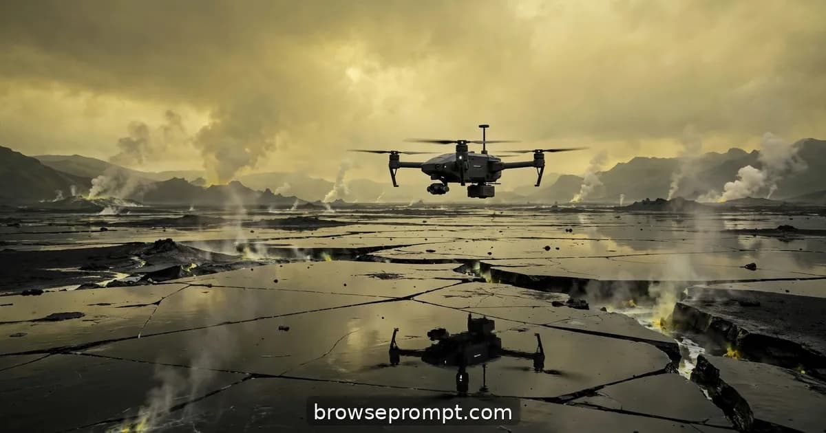 A survey drone crossing plains of black volcanic glass under a sulfurous alien sky.