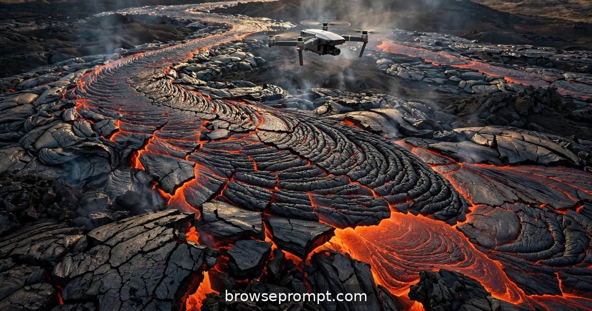 Aerial nature cover art: a drone skims a slow pahoehoe lava flow, the crust cracking to reveal the glow beneath.