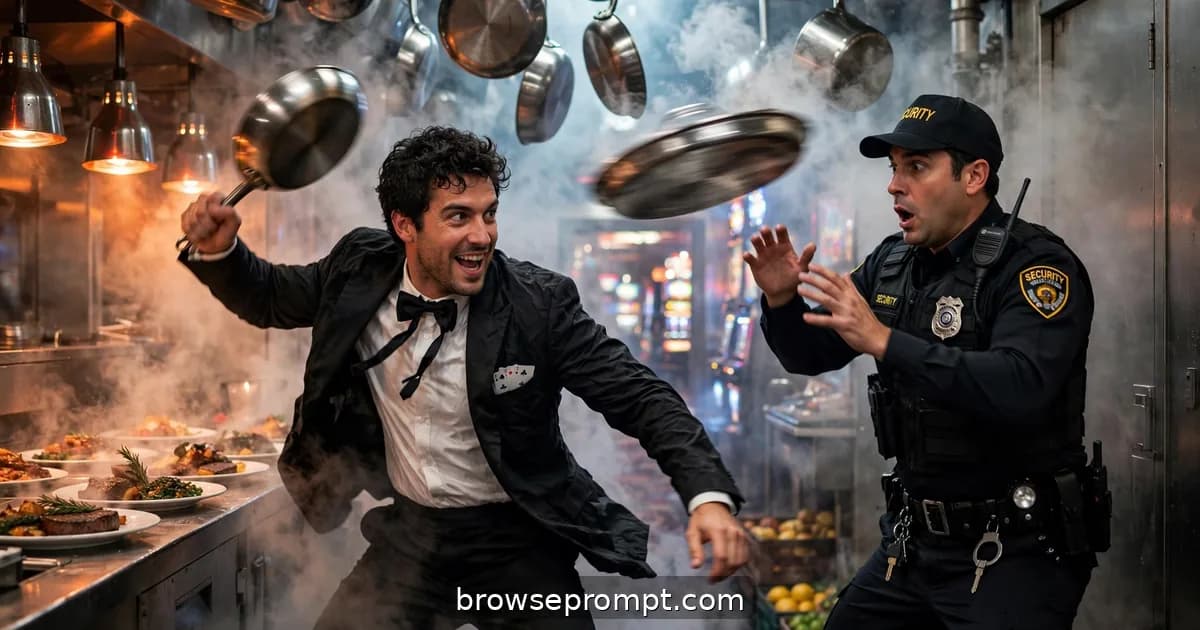 Card sharp fighting guards with a saute pan in a steamy casino kitchen corridor, cinematic still.