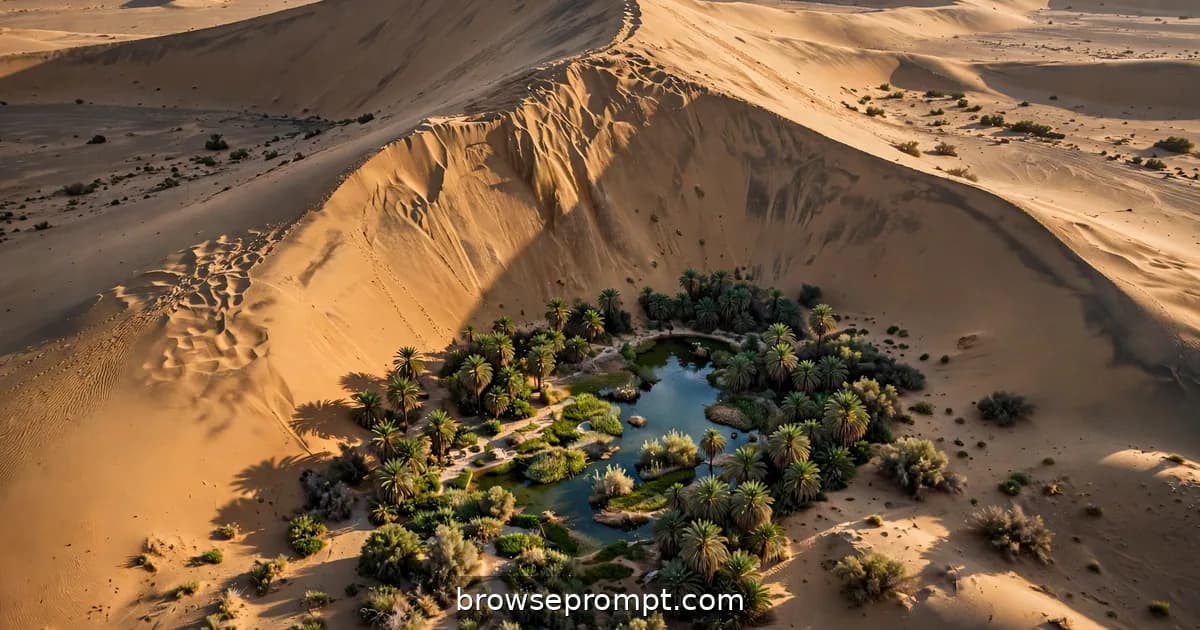 Aerial nature cover art: a drone rises over a dune crest to reveal a hidden oasis — palms, water, life — in the empty desert.