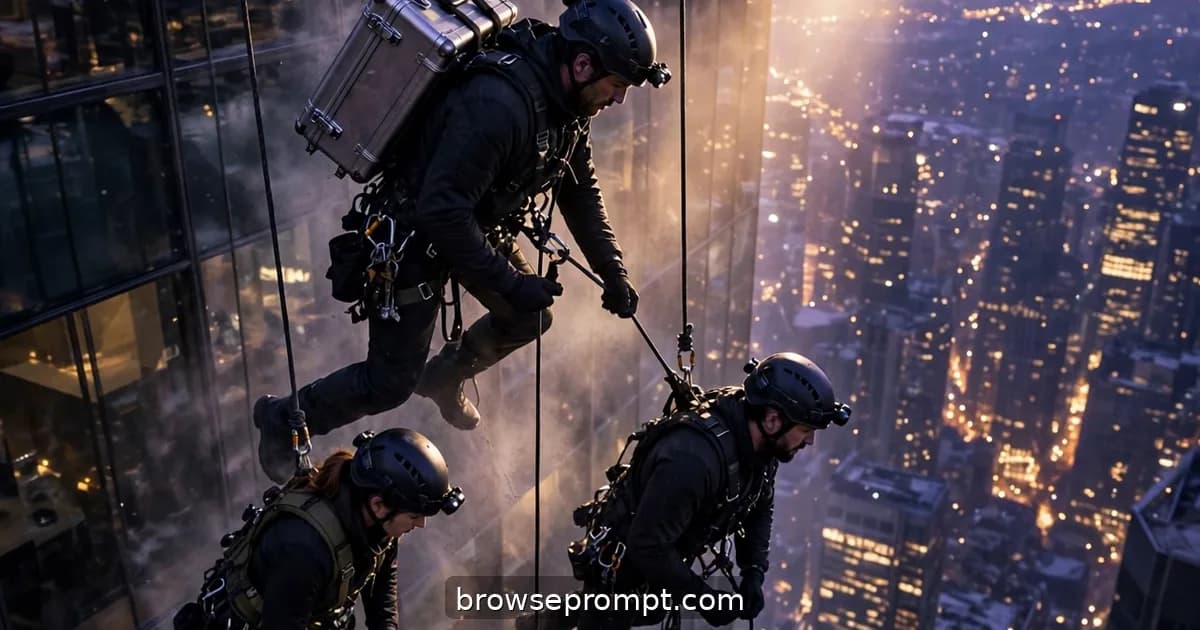 Heist crew rappelling down a glass high-rise facade at dusk, cinematic still.