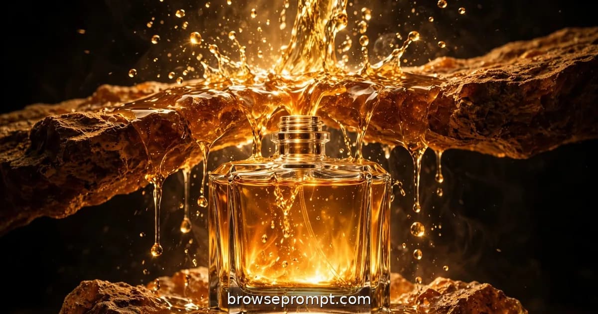 Golden perfume pouring in slow motion over rough amber resin chunks, the heavy flacon glowing below.