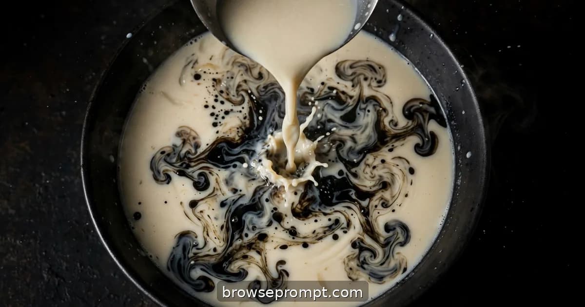 Opalescent tonkotsu broth pouring in a silky ribbon over noodles in a dark bowl, black garlic oil blooming.