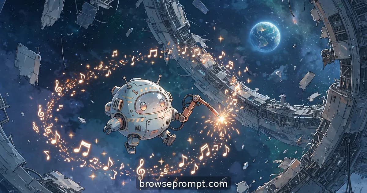 A small round maintenance mech welds a torn station hull in deep space, drifting debris orbiting it like dance partners.