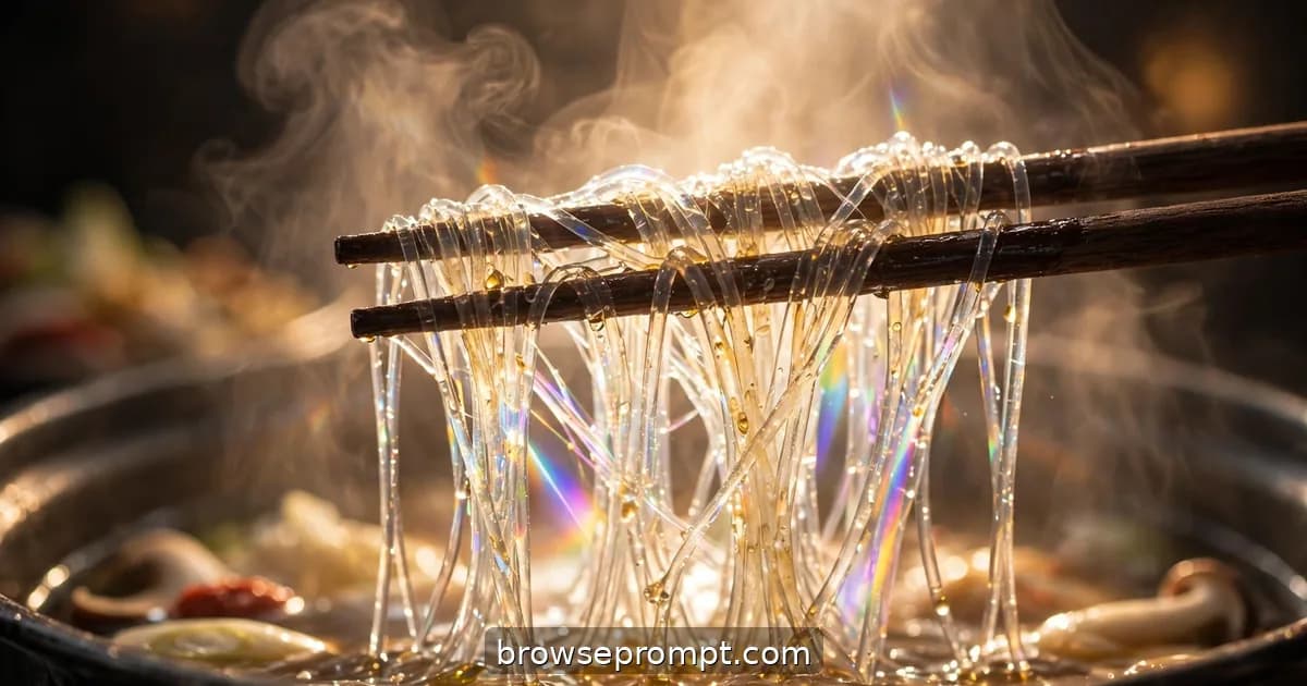 Translucent glass noodles stretched between chopsticks, catching rainbow refractions like fiber optics.