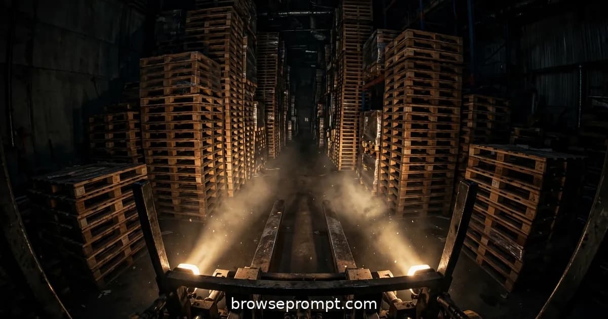 A cinematic horror still of warehouse night shift — industrial labyrinth dread under forklift headlights in warehouse black.