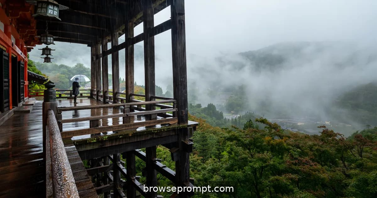 Rain streaking past Kiyomizu-dera's dark wooden stage above a mist-filled maple valley in Kyoto.