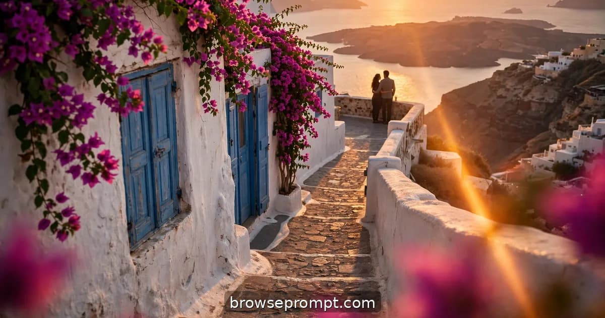 Whitewashed Oia lane glowing gold as the sun sinks into the Aegean caldera.