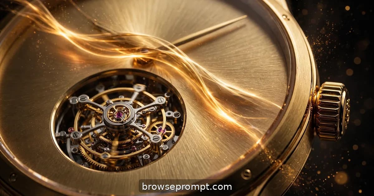 Extreme macro of a gold tourbillon watch as molten light sweeps across its brushed champagne dial.