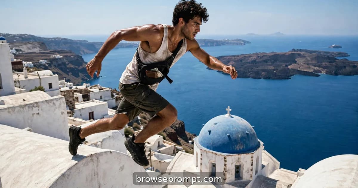 Pickpocket sprinting across whitewashed Santorini rooftops past blue domes at noon, cinematic still.