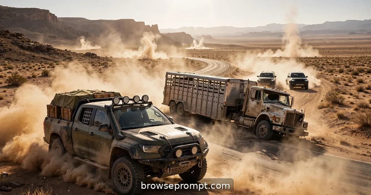 Rally pickup drifting ahead of cartel SUVs on a dusty desert highway, cinematic still.