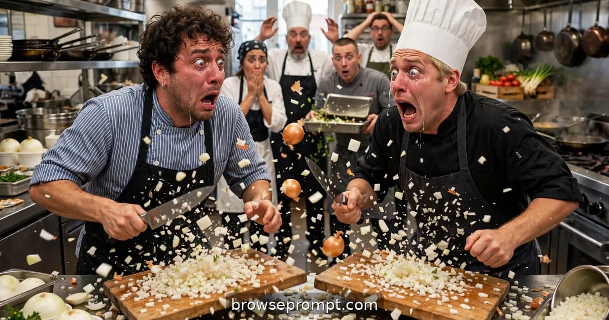 Comedic cover art: two line cooks compete to dice the most onions without crying, and both lose spectacularly in front of the whole brigade.