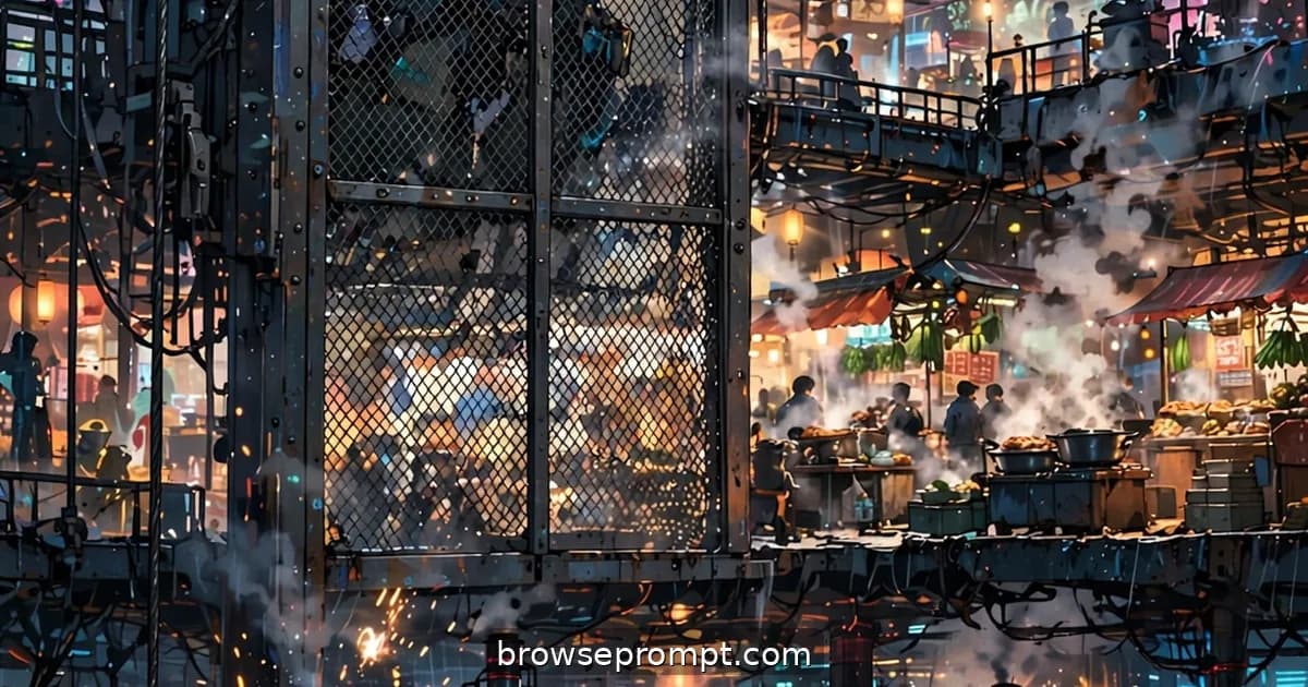 A girl with a delivery box watches city layers pass — neon penthouses, steamy markets, fungal-lit tunnels — from a mesh-gate elevator.