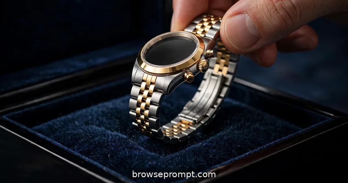 A two-tone luxury watch rising from midnight-blue velvet inside a black lacquered box, clasp about to click shut.