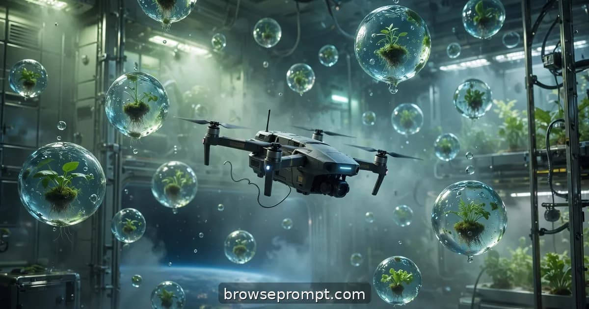 A drone drifting through a zero-gravity hydroponics bay where plants grow inside floating spheres of water.