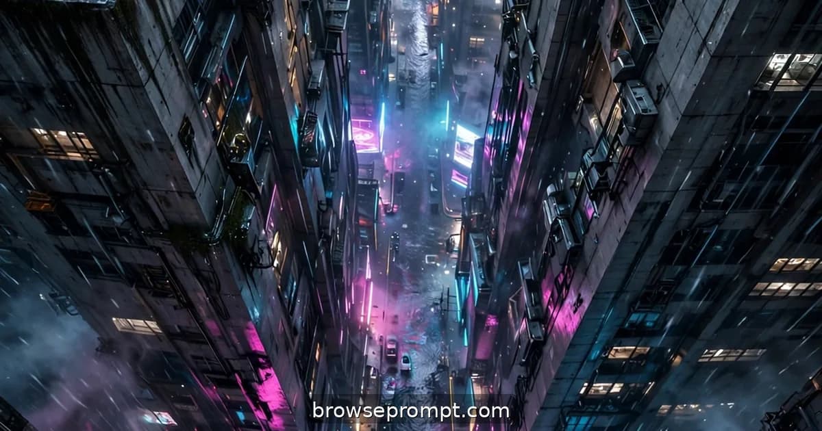 Drone's-eye view plunging through a rain-soaked cyberpunk megacity, neon signs shimmering on wet streets far below.