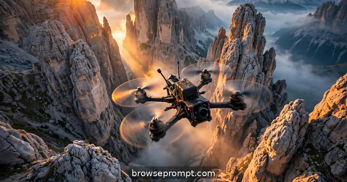 Aerial nature cover art: an FPV drone races a Dolomite ridgeline at dawn, diving between limestone towers as the sun ignites the rock.