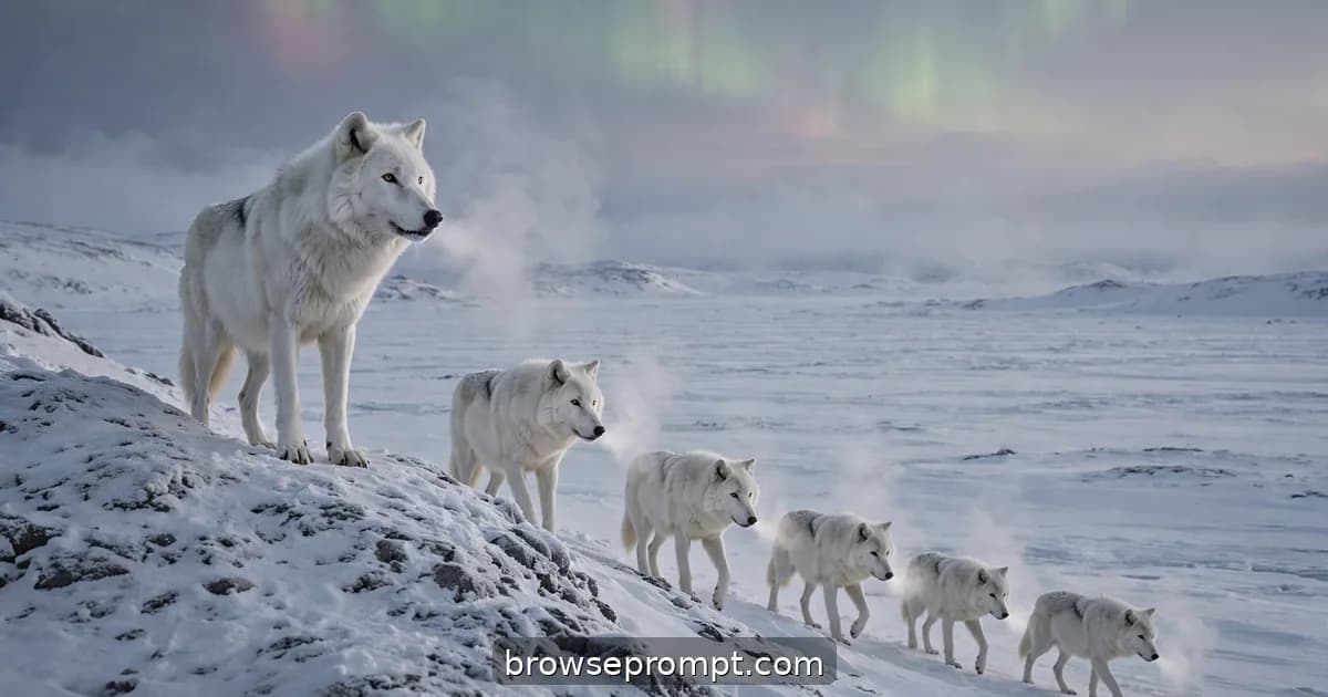 White wolves move in single file across an endless frozen tundra beneath a faint green aurora.