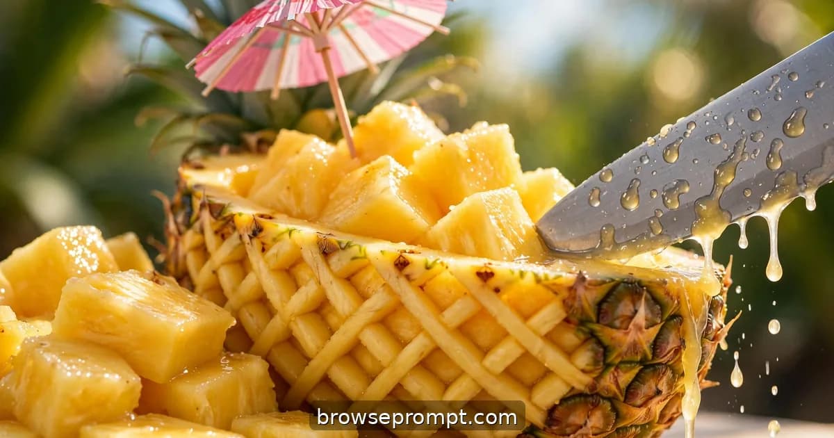 A whole pineapple hollowed and scored into a woven lattice boat, golden chunks tumbling back in, glistening.