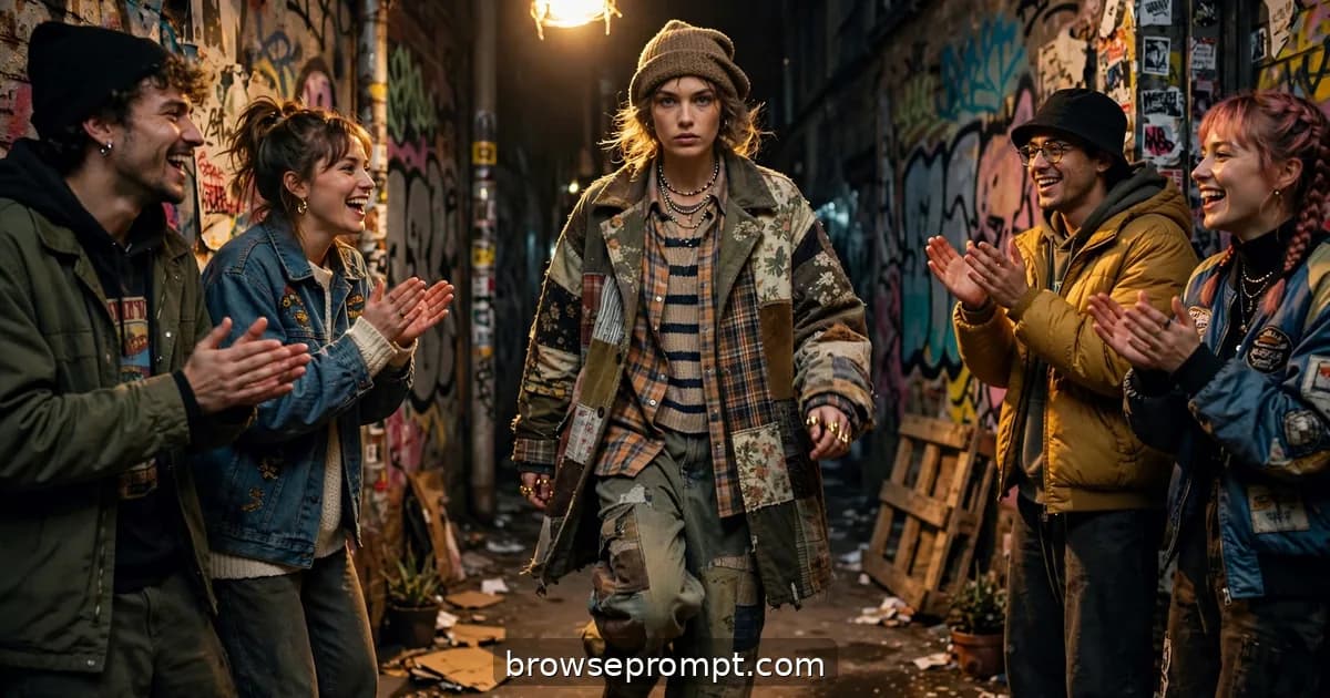 Friends stomp a DIY runway in a graffiti-covered alley one by one in thrifted streetwear as the group cheers.