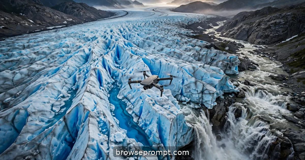 Aerial nature cover art: a drone skims a glacier's blue-ice tongue, crevasses glowing sapphire, meltwater roaring below.