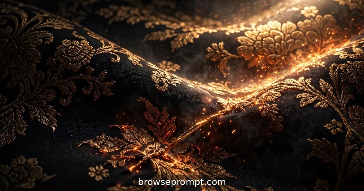 Gold-thread brocade ignites in waves under a moving light, floral motifs flaring like embers on dark silk.