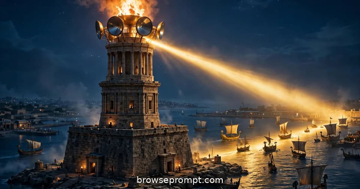 The tiered Pharos lighthouse blazes atop its tower at night, a beam of firelight sweeping across Alexandria harbor.