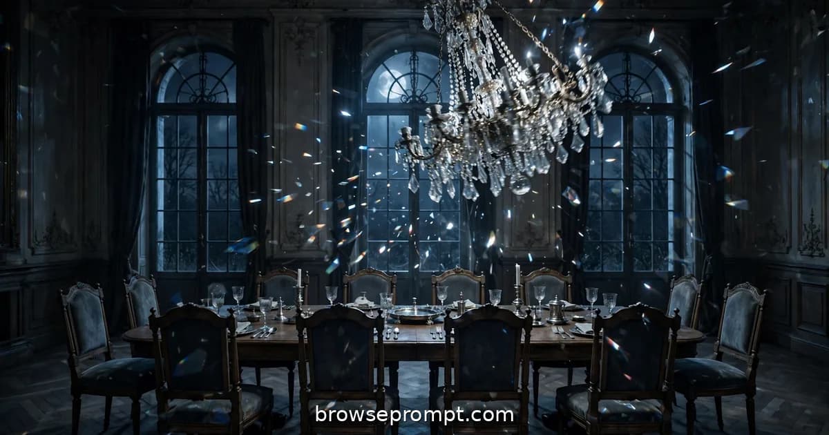 Horror film still: the swinging chandelier, steeped in formal, funereal dread.
