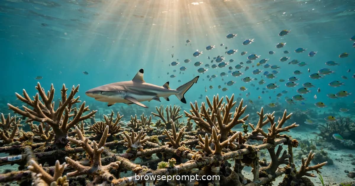 A baby blacktip reef shark circles over staghorn coral in turquoise dawn-lit shallows.
