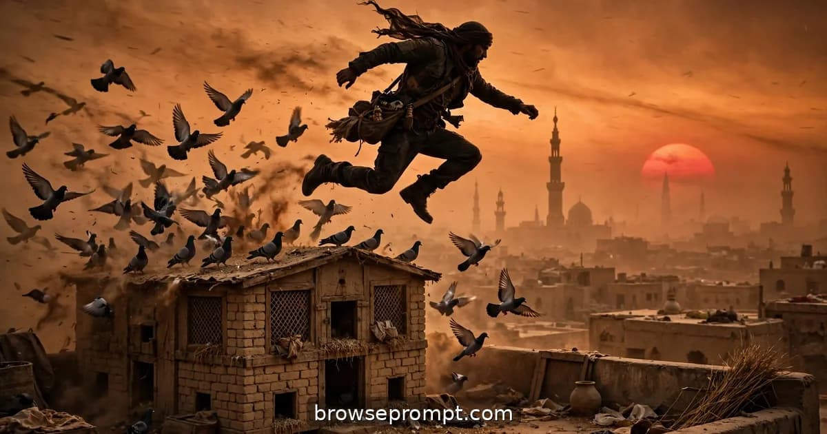 Thief leaping a pigeon coop on Cairo rooftops in a dusk sandstorm, cinematic still.