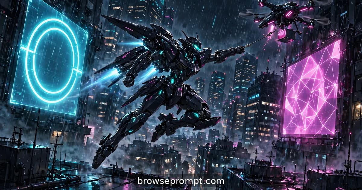 A sleek black interceptor mecha with glowing blue optics leaps between towers chasing a sparking drone through neon rain.