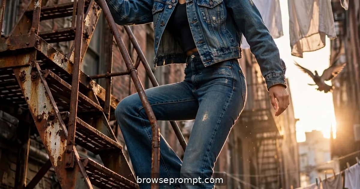 A model in head-to-toe denim climbs a rusted fire escape above a city street, pausing to smile down at the camera.