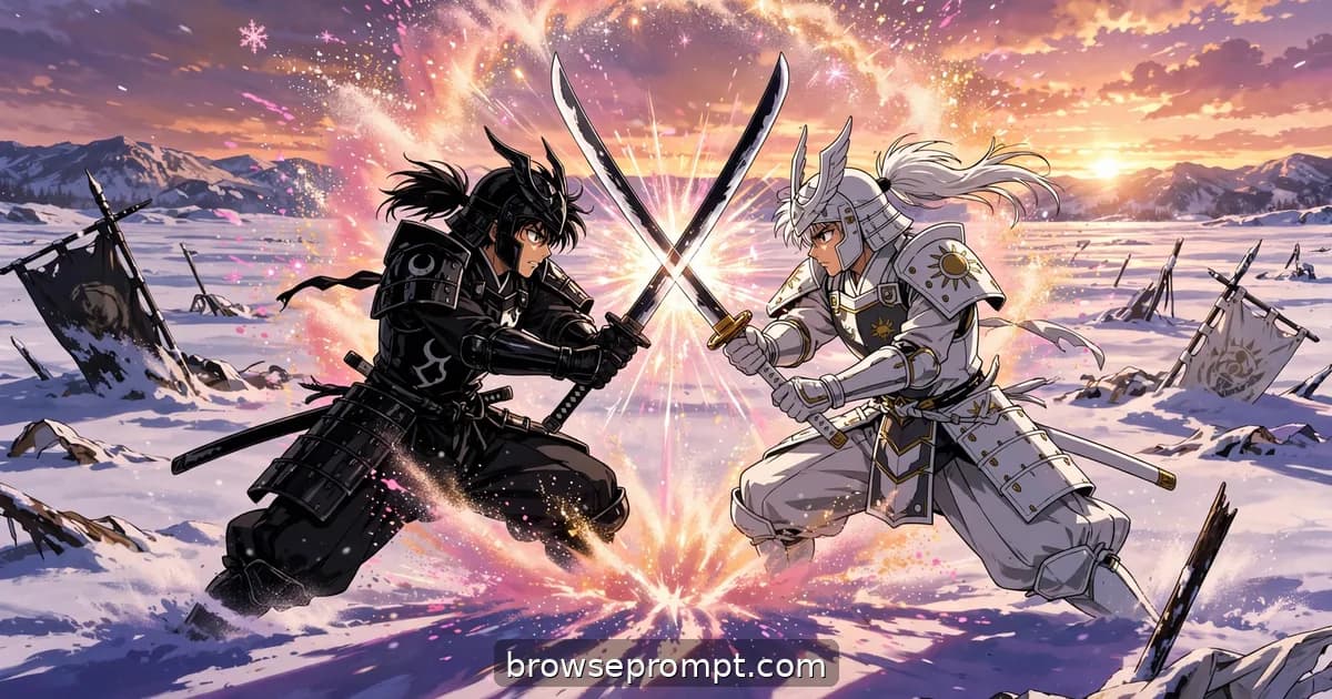 Two armored brothers clash with massive odachi greatswords on a sunset snowfield, powder snow exploding around them.