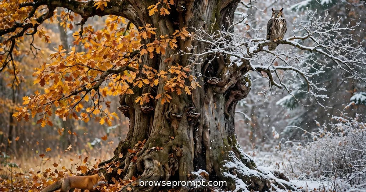 A single ancient oak stands through the turning year, from spring blossom to snow-laden winter branches.