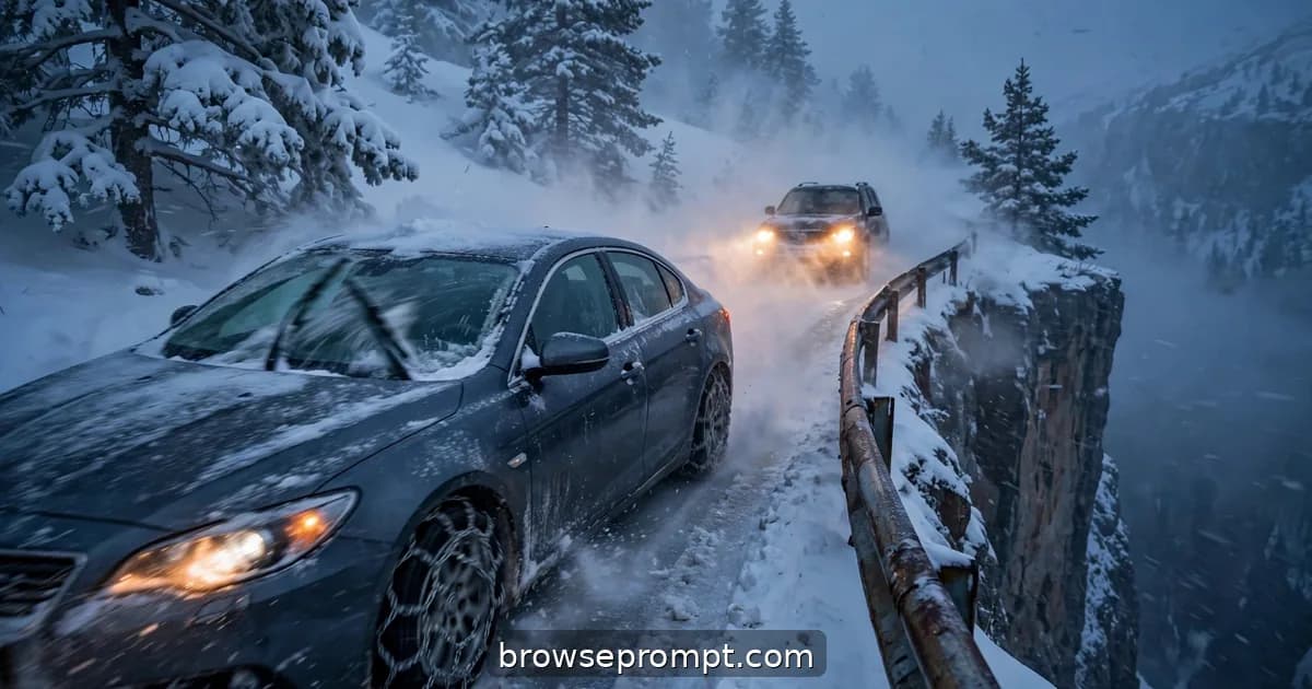 Sedan sliding through switchbacks on a snowy Alpine pass with headlights behind, cinematic still.