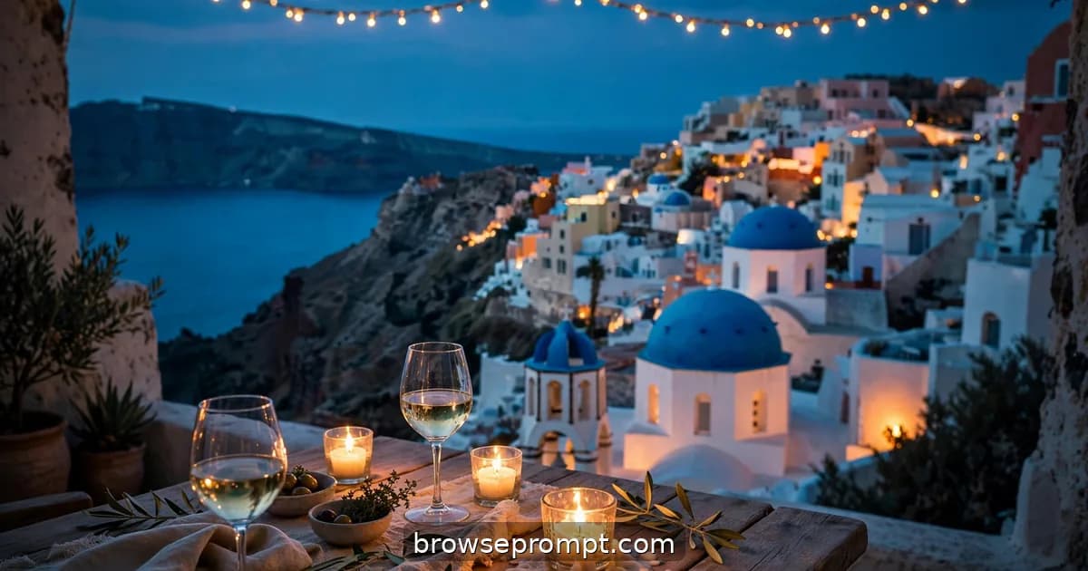 Candlelit Santorini rooftop terrace overlooking glowing blue-domed churches at indigo dusk.